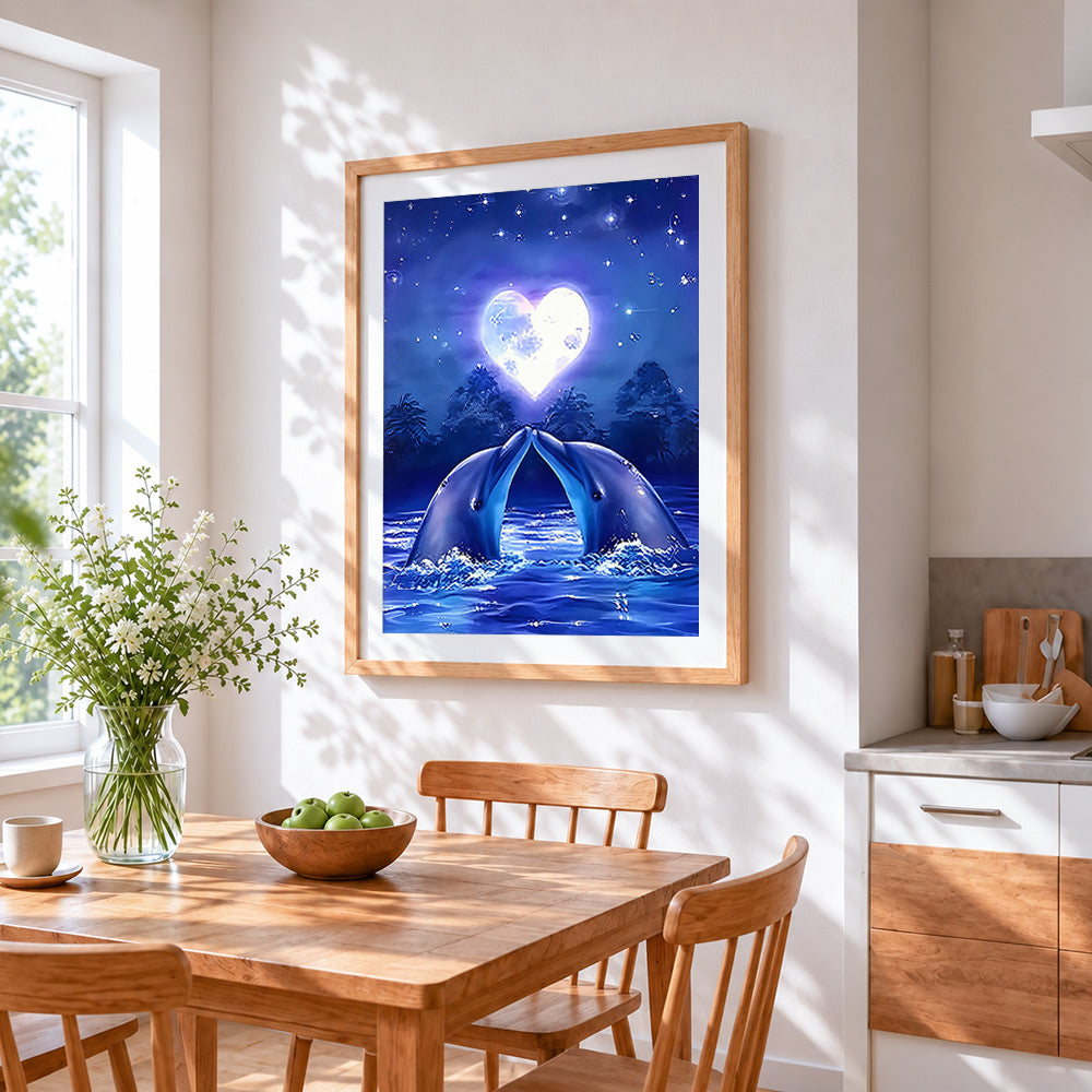 Romantic dolphins and heart moon cross stitch artwork displayed on wall as home decor