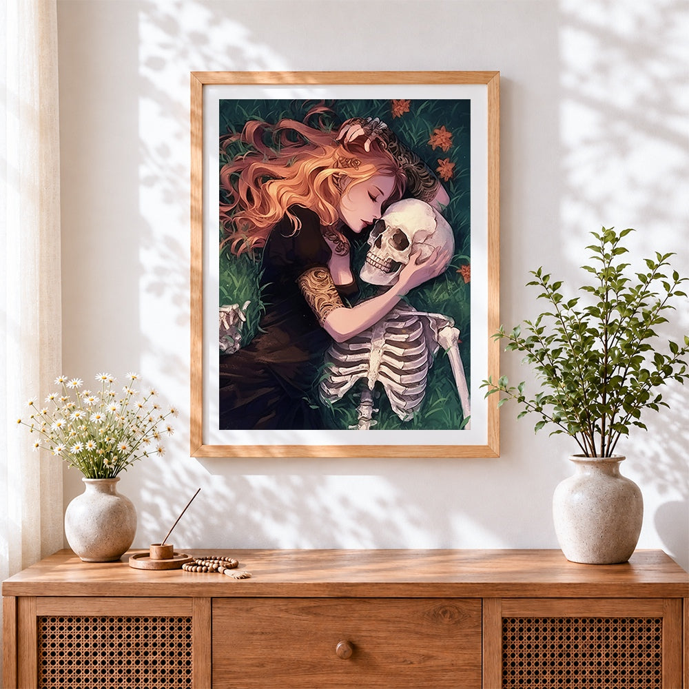 Finished romantic girl with skeleton cross stitch artwork displayed