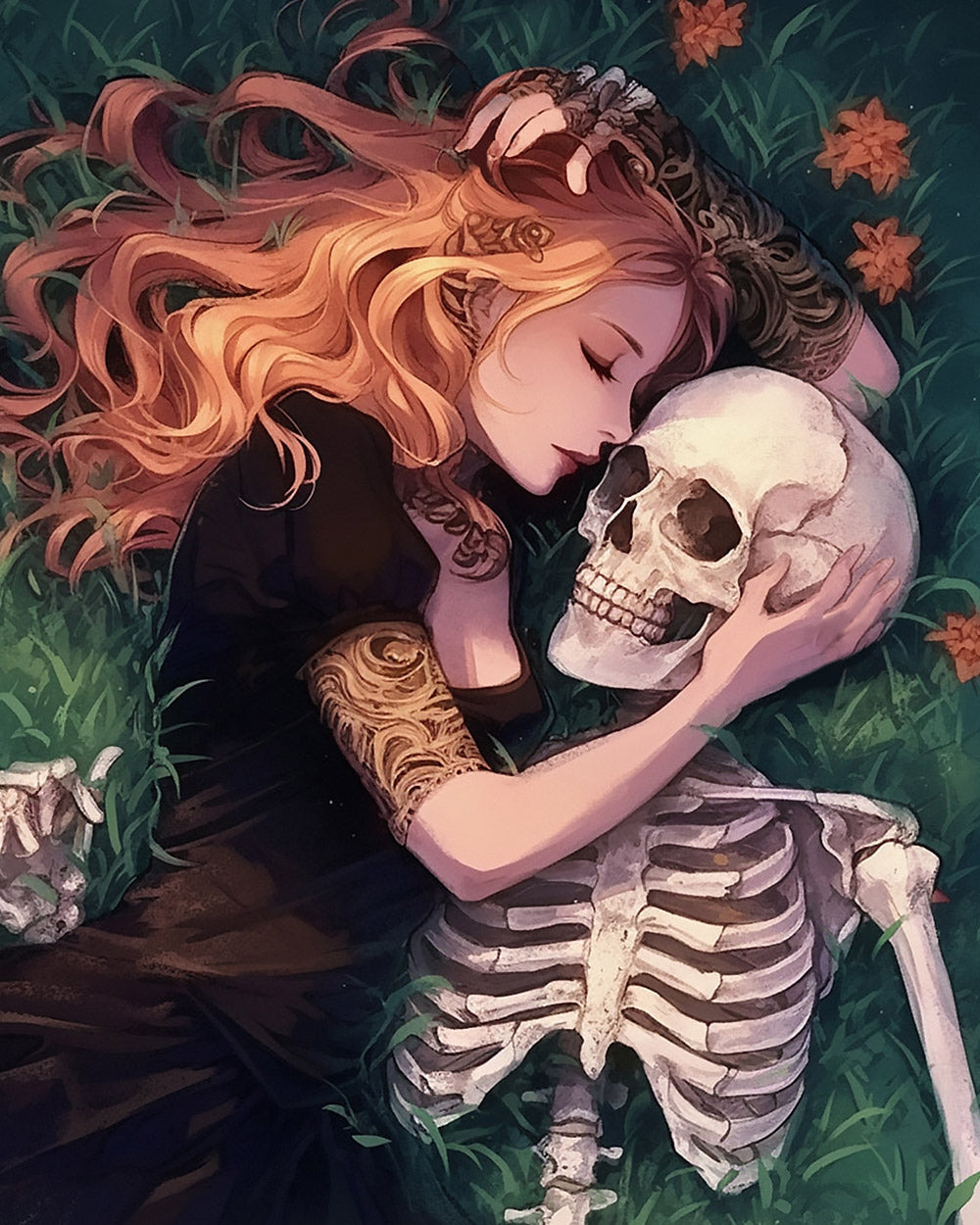 Romantic girl with skeleton cross stitch kit for beginners