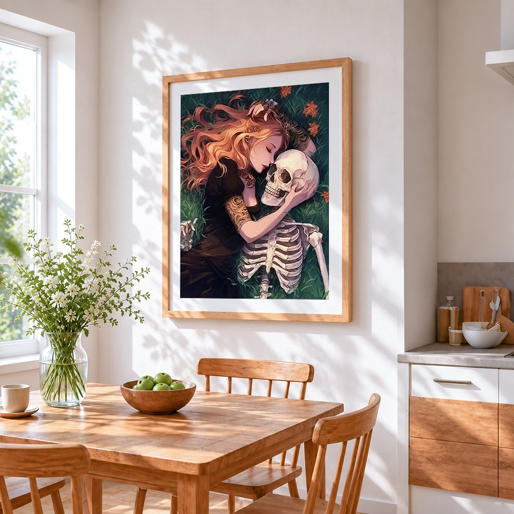Romantic girl with skeleton cross stitch artwork displayed on wall as home decor