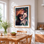 Romantic girl with skeleton cross stitch artwork displayed on wall as home decor