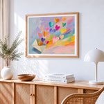 Romantic hearts from envelope cross stitch artwork displayed on wall as home decor