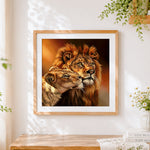 Finished romantic lion and lioness paint by numbers artwork displayed as home decor