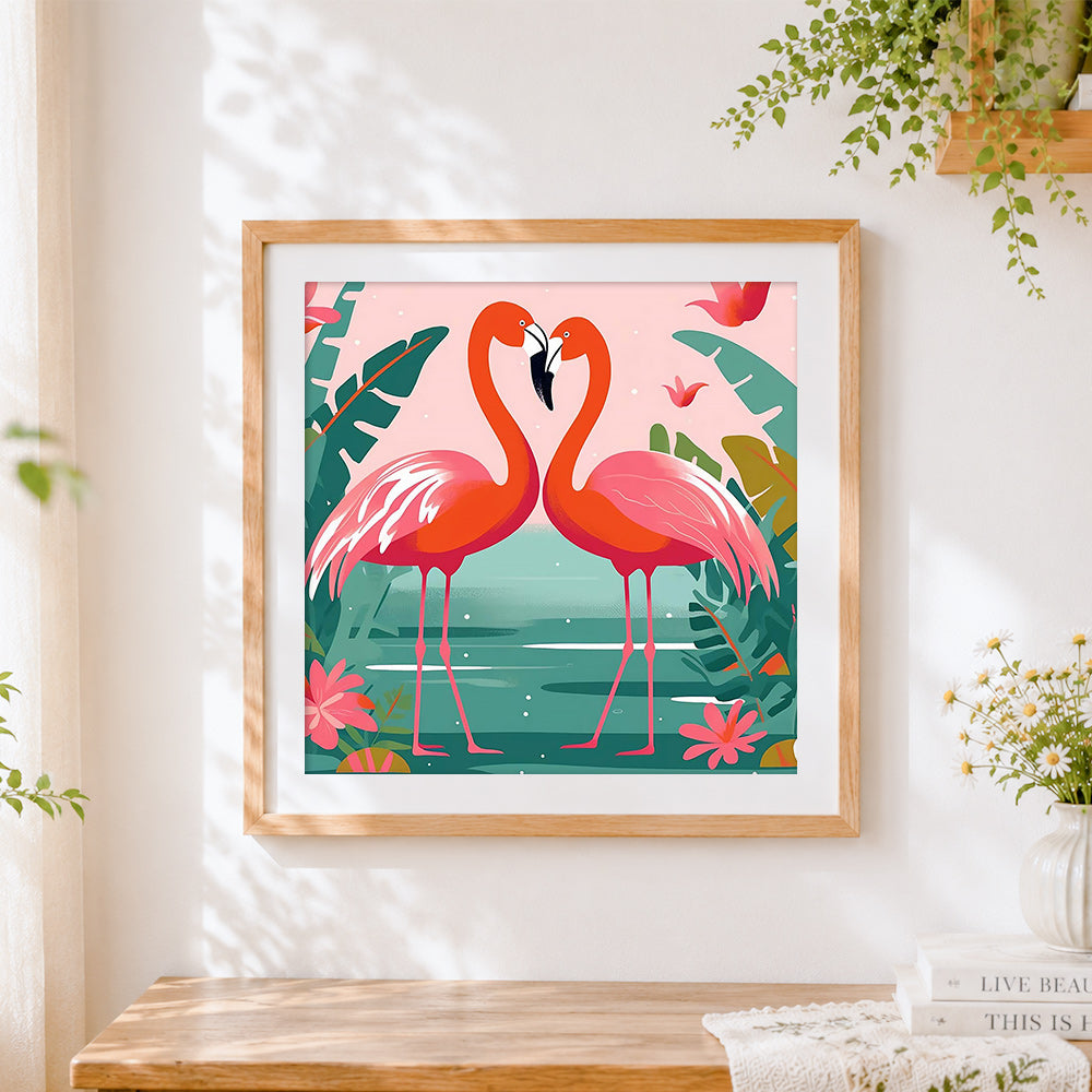 Finished romantic pair of flamingos cross stitch artwork displayed