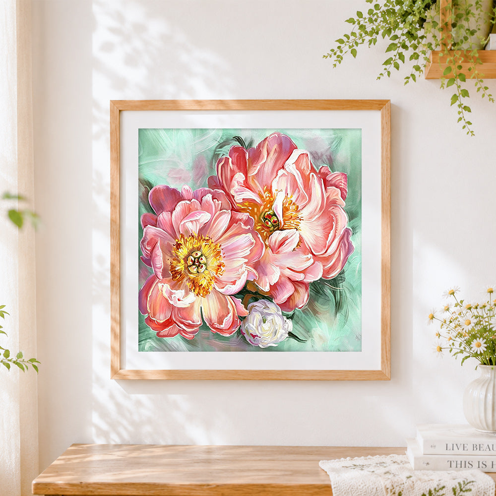 Finished romantic pink peonies cross stitch artwork displayed