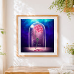 Finished romantic pink rose under a glass dome paint by numbers artwork displayed as home decor