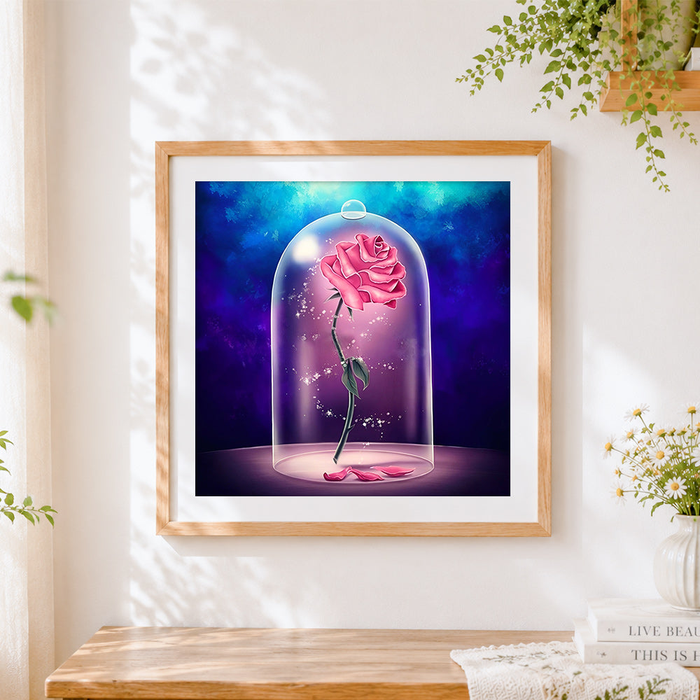 Finished romantic pink rose under a glass dome paint by numbers artwork displayed as home decor