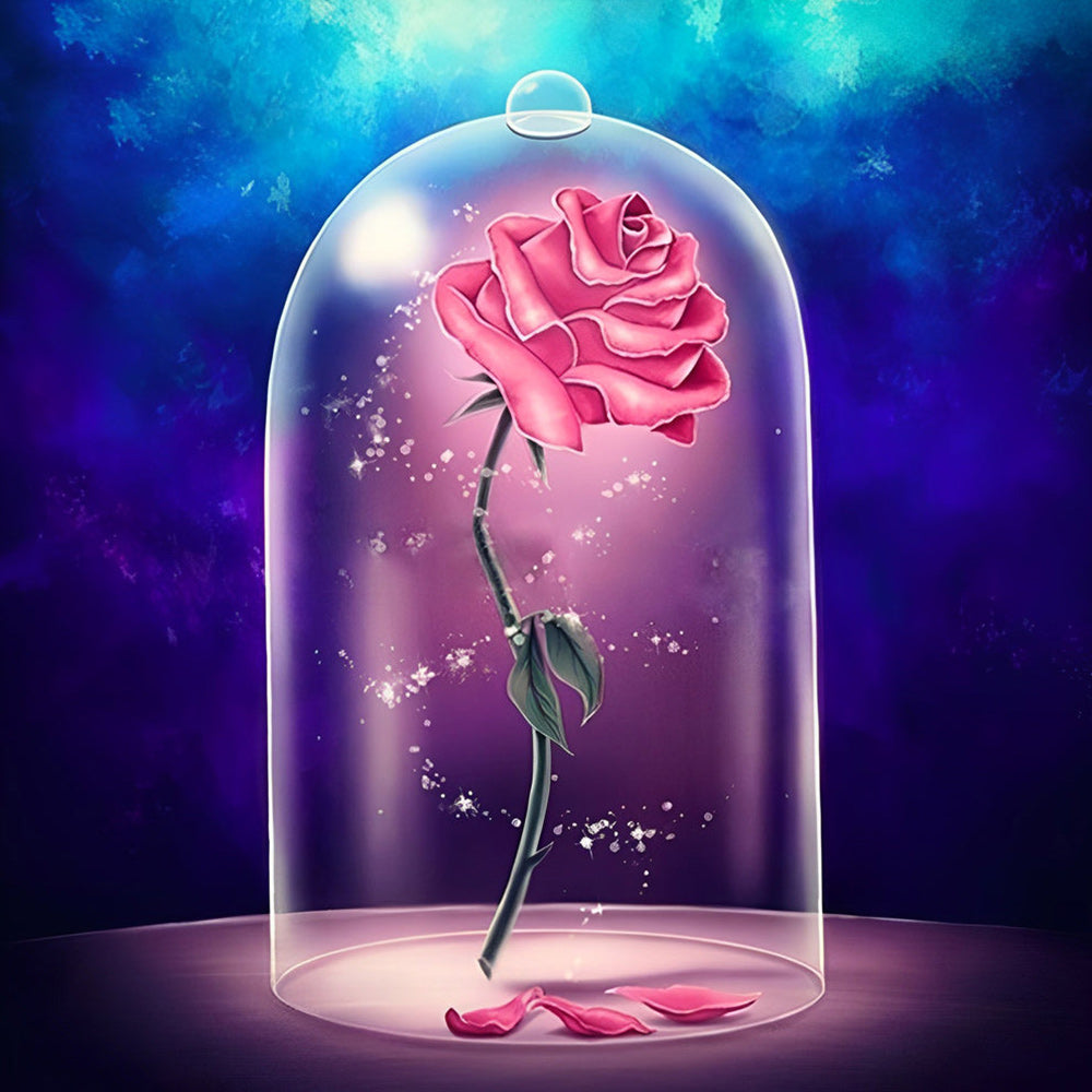 Romantic pink rose under a glass dome paint by numbers kit for beginners