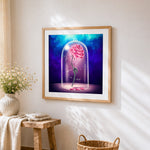 Romantic pink rose under a glass dome paint by numbers artwork displayed on wall as home decor