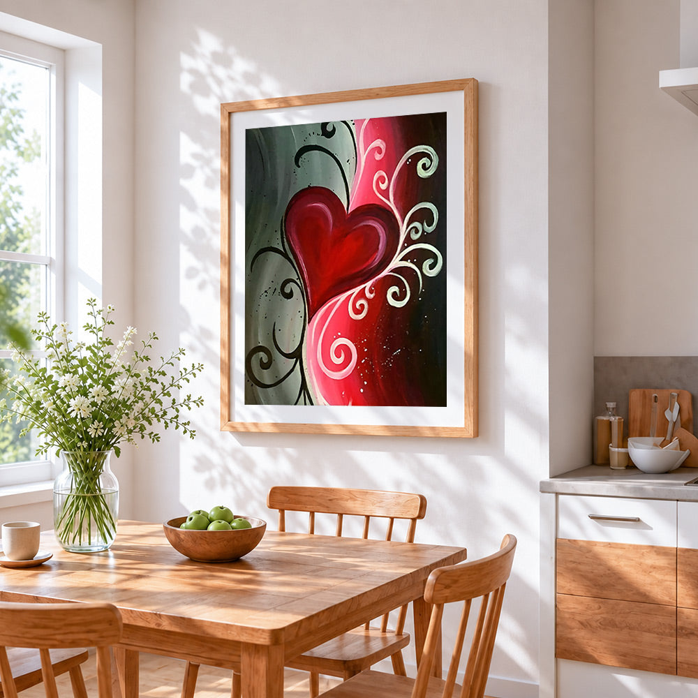 Romantic red heart and swirls cross stitch artwork displayed on wall as home decor
