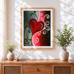 Finished romantic red heart and swirls paint by numbers artwork displayed as home decor
