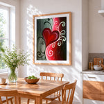 Romantic red heart and swirls paint by numbers artwork displayed on wall as home decor