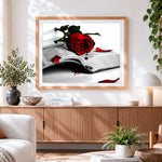 Finished romantic red rose on an open book paint by numbers artwork displayed as home decor