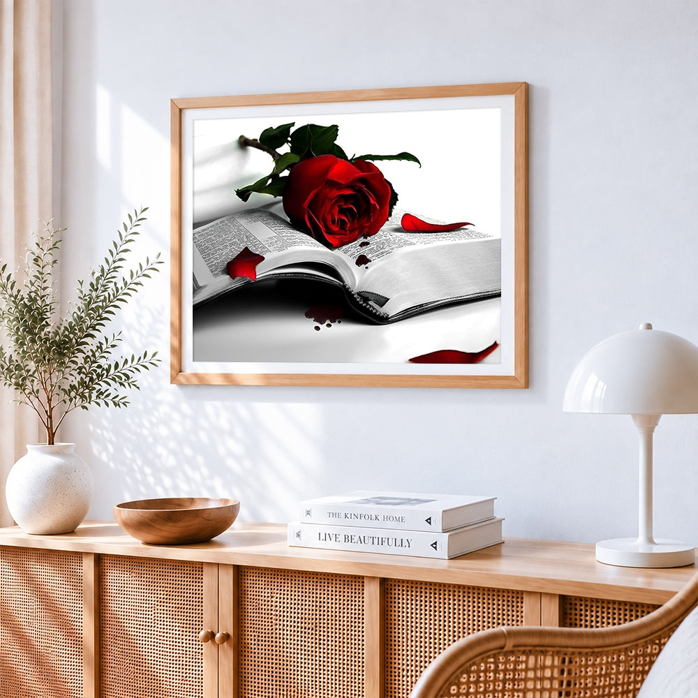 Romantic red rose on an open book paint by numbers artwork displayed on wall as home decor