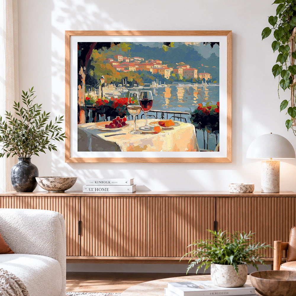 Finished romantic seaside dining cross stitch artwork displayed