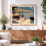 Finished romantic seaside dining paint by numbers artwork displayed as home decor
