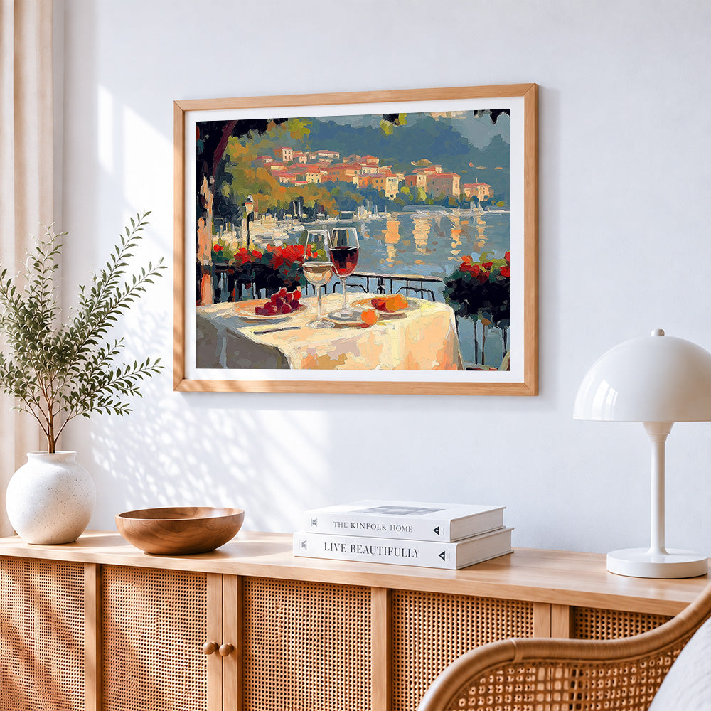 Romantic seaside dining paint by numbers artwork displayed on wall as home decor