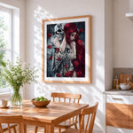 Romantic skeleton and red-haired woman cross stitch artwork displayed on wall as home decor