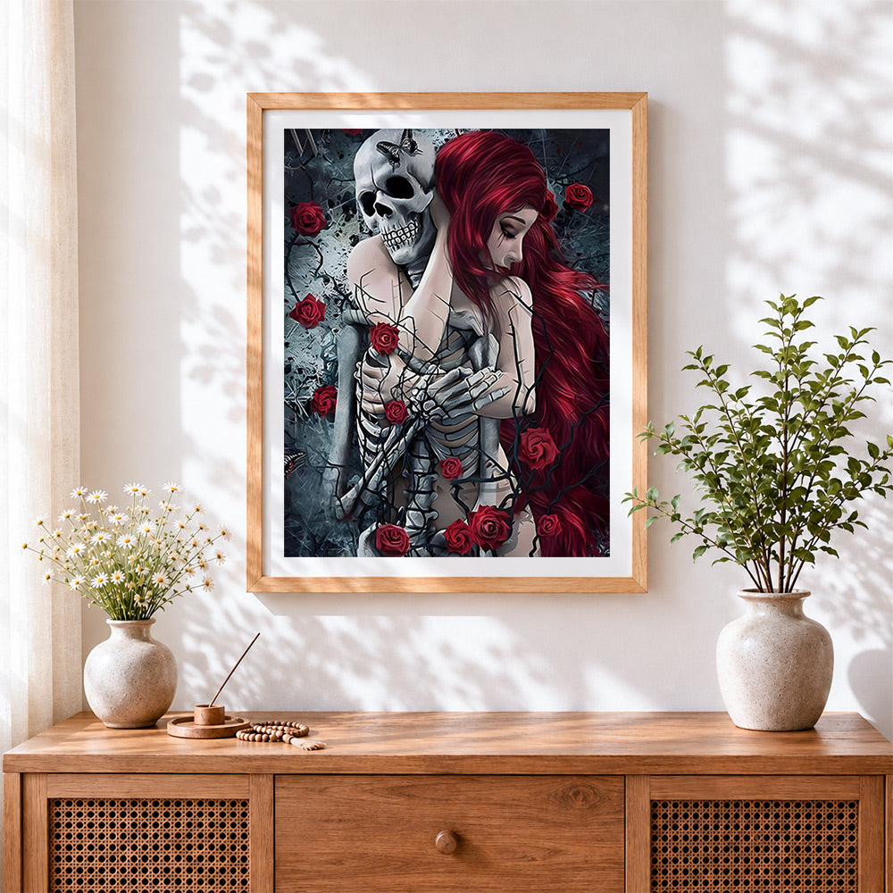 Finished romantic skeleton and red haired woman paint by numbers artwork displayed as home decor