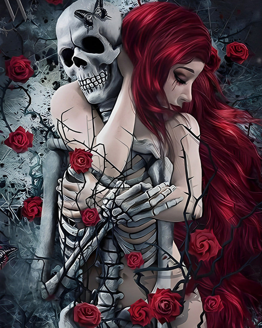 Romantic skeleton and red haired woman paint by numbers kit for beginners