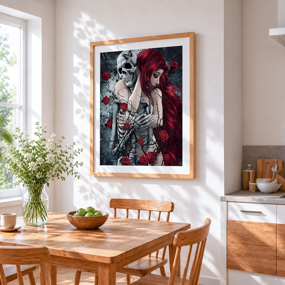 Romantic skeleton and red haired woman paint by numbers artwork displayed on wall as home decor