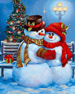 Romantic snowman couple cuddling by a lamppost cross stitch kit for beginners