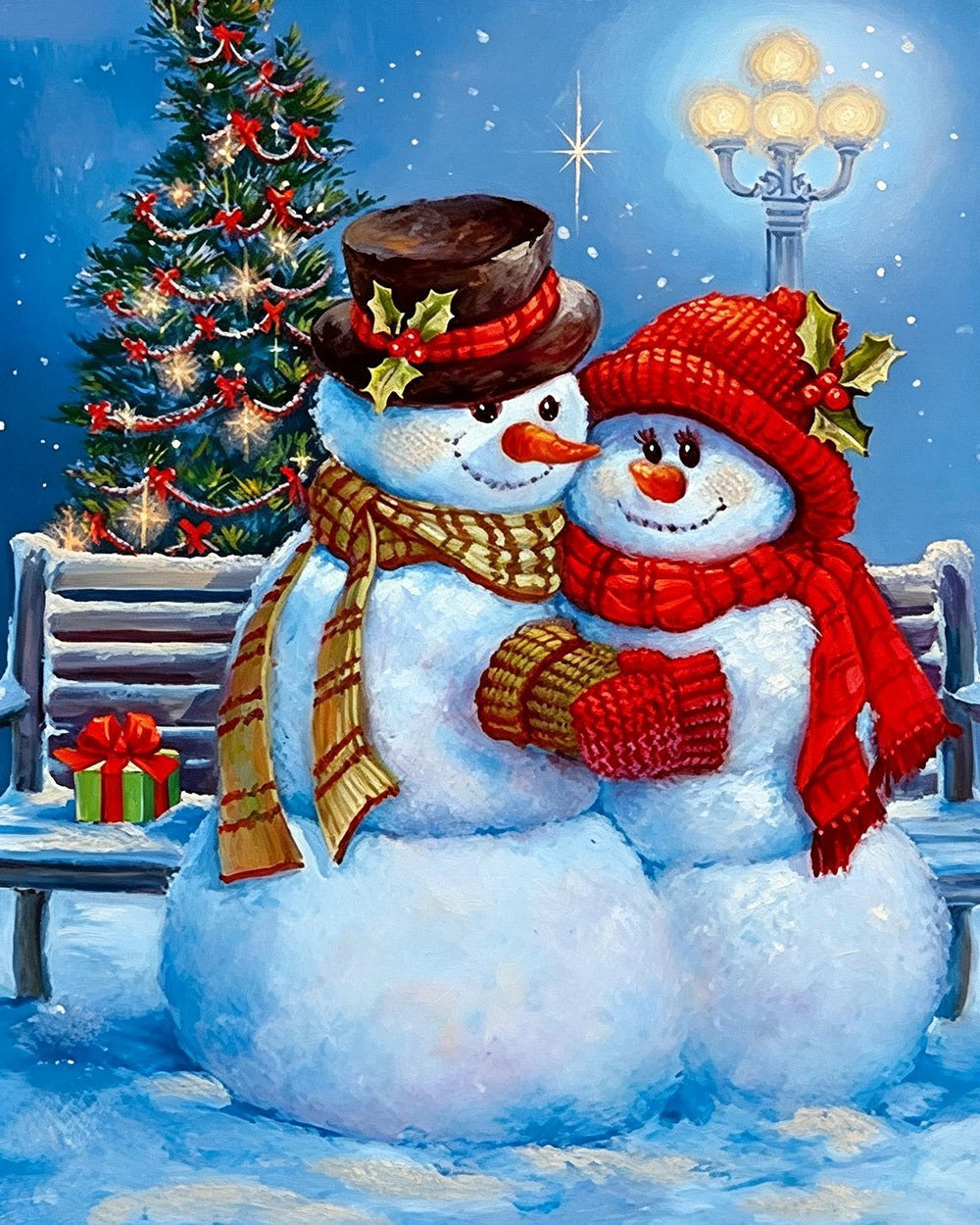 Romantic snowman couple cuddling by a lamppost cross stitch kit for beginners