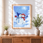 Finished romantic snowman couple cuddling under the moonlight cross stitch artwork displayed
