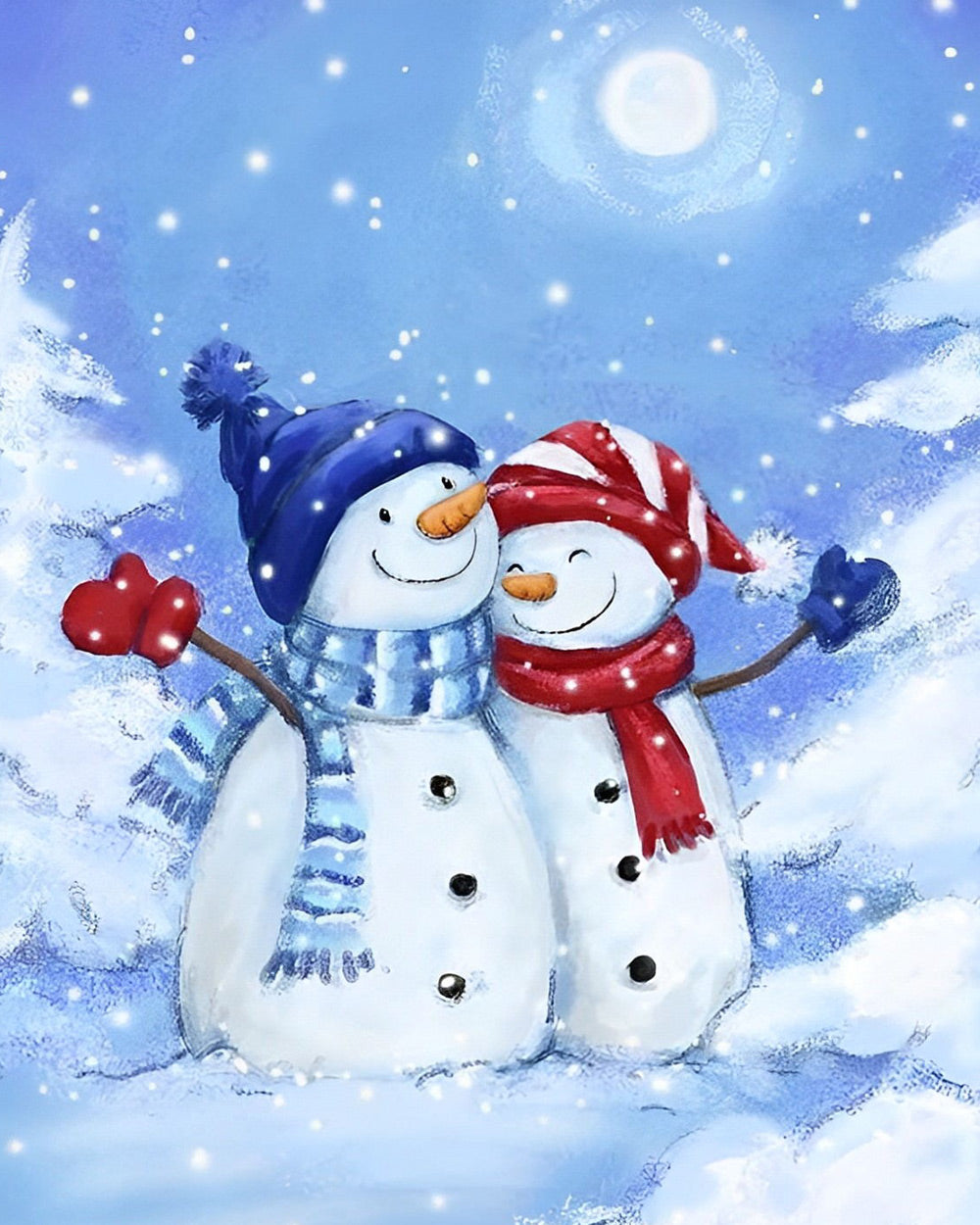 Romantic snowman couple cuddling under the moonlight cross stitch kit for beginners