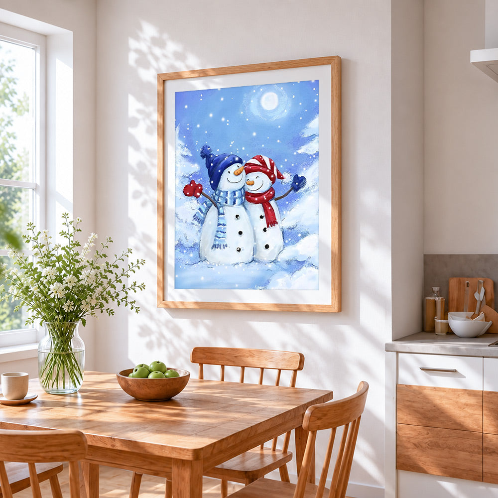 Romantic snowman couple cuddling under the moonlight cross stitch artwork displayed on wall as home decor
