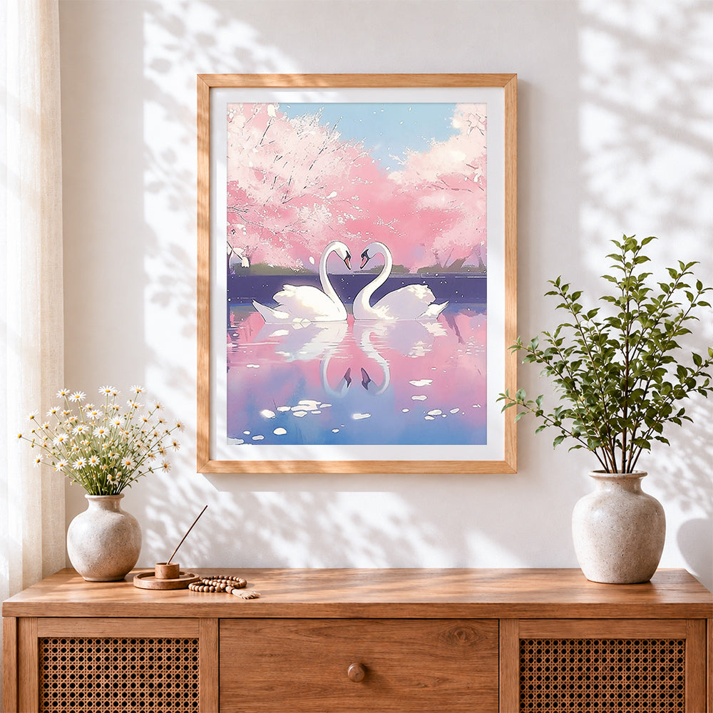 Finished romantic swans and cherry blossom cross stitch artwork displayed
