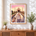 Finished romantic taj mahal couple cross stitch artwork displayed
