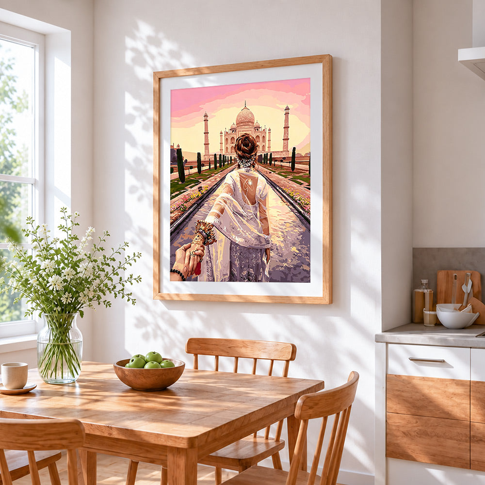 Romantic taj mahal couple cross stitch artwork displayed on wall as home decor