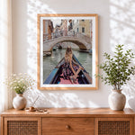 Finished romantic venice gondola ride cross stitch artwork displayed