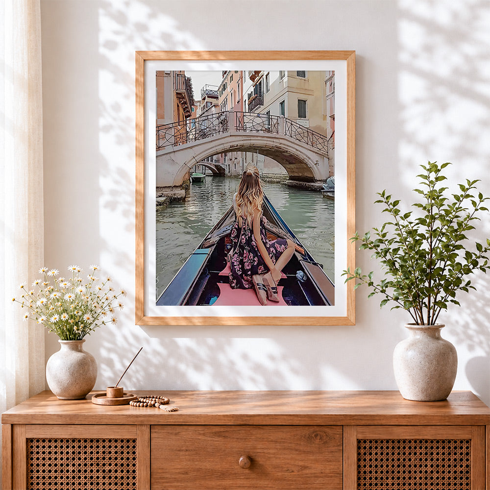 Finished romantic venice gondola ride cross stitch artwork displayed