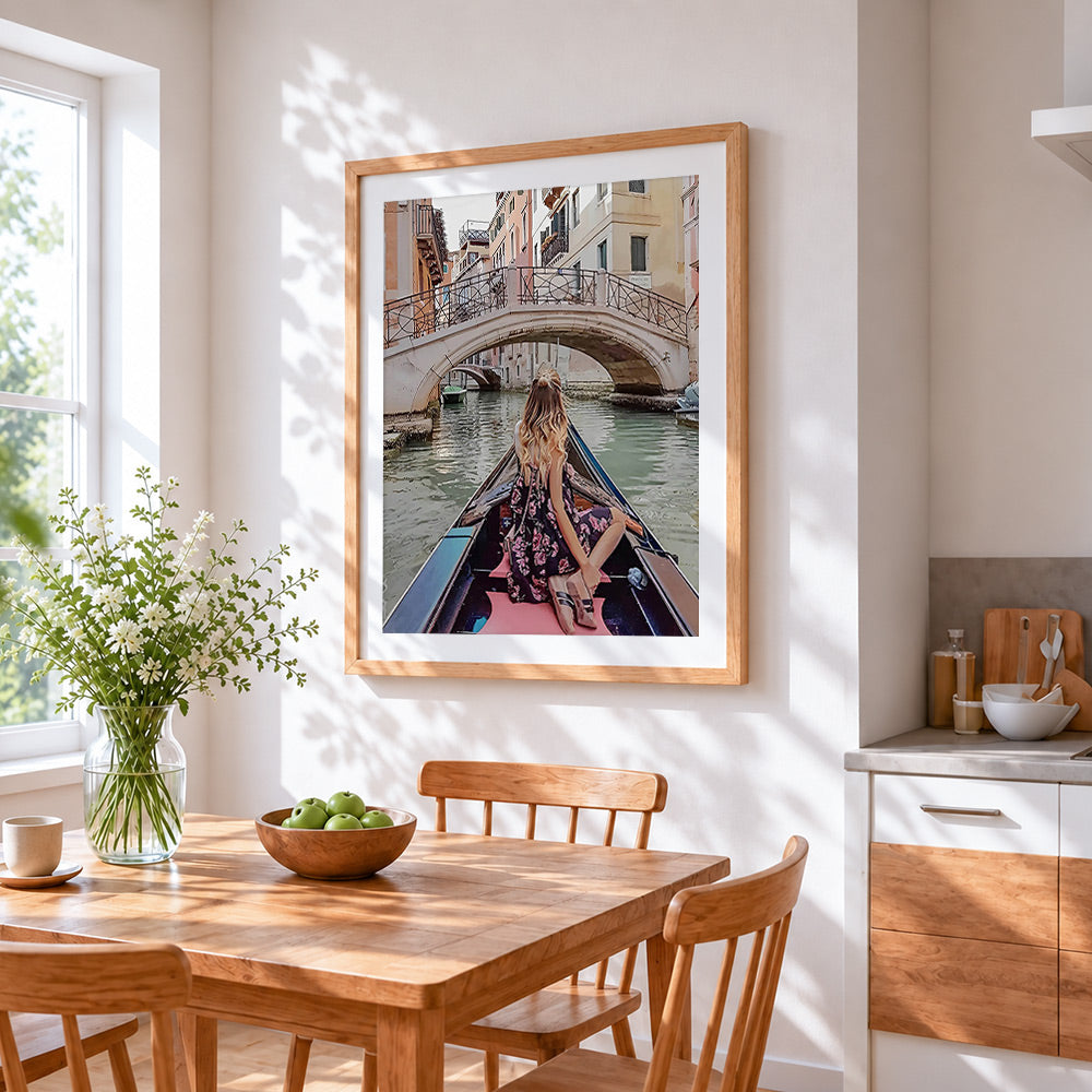 Romantic venice gondola ride cross stitch artwork displayed on wall as home decor