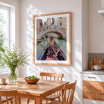 Romantic venice gondola ride cross stitch artwork displayed on wall as home decor