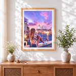 Finished romantic venice sunset cross stitch artwork displayed