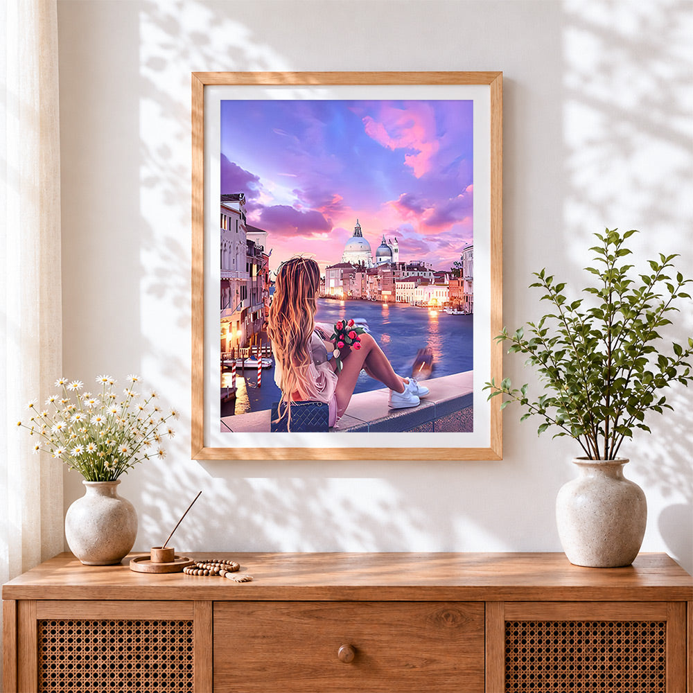 Finished romantic venice sunset cross stitch artwork displayed