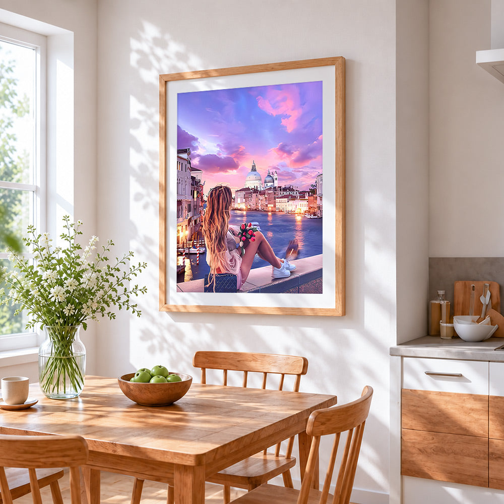 Romantic venice sunset cross stitch artwork displayed on wall as home decor
