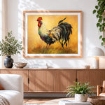 Finished rooster on gold background cross stitch artwork displayed