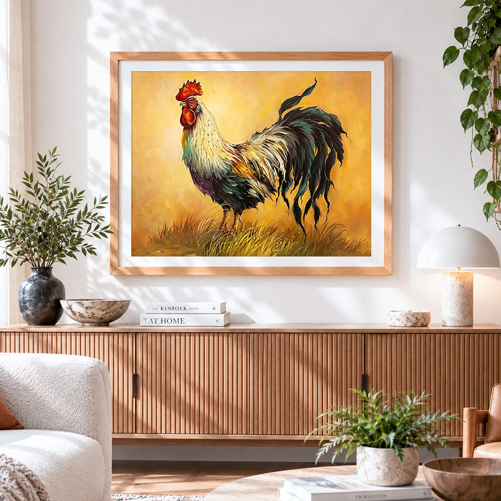 Finished rooster on gold background cross stitch artwork displayed
