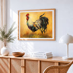 Rooster on gold background cross stitch artwork displayed on wall as home decor