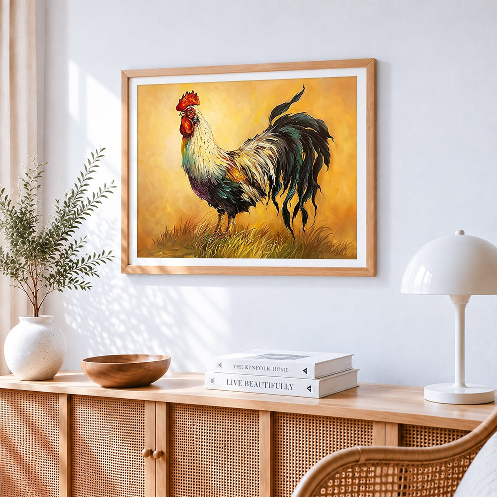 Rooster on gold background cross stitch artwork displayed on wall as home decor