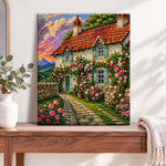 Finished rose covered country cottage pearl diamond painting artwork displayed as home decor