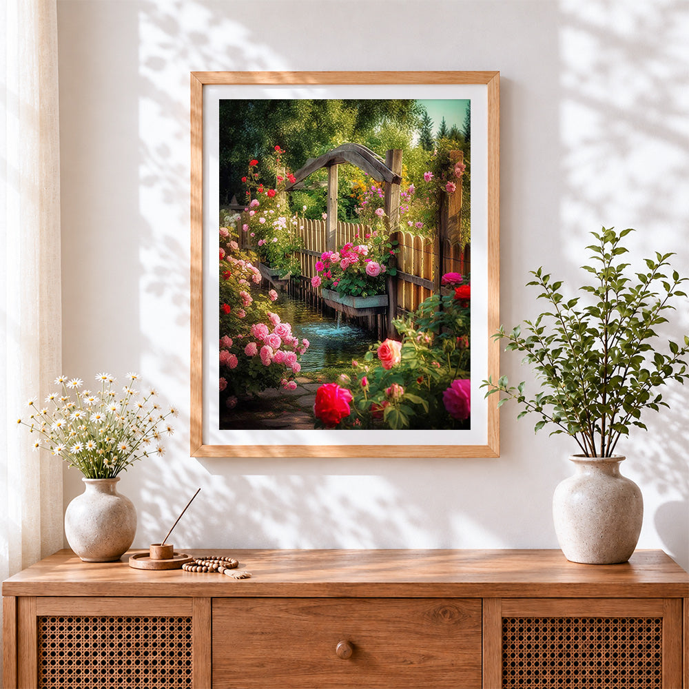 Finished rose garden and wooden fence cross stitch artwork displayed