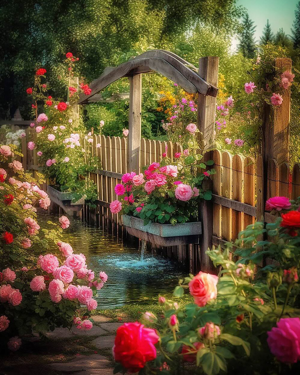 Rose garden and wooden fence cross stitch kit for beginners