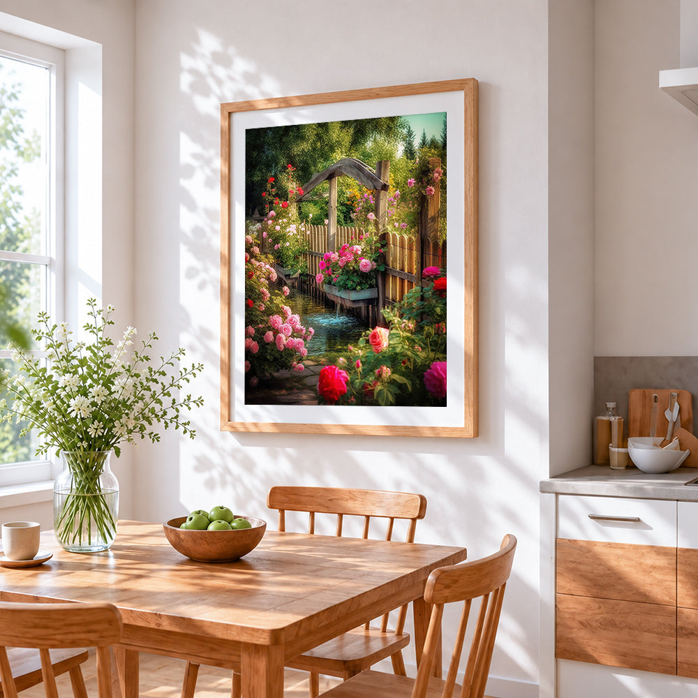 Rose garden and wooden fence cross stitch artwork displayed on wall as home decor