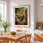 Rose garden and wooden fence cross stitch artwork displayed on wall as home decor
