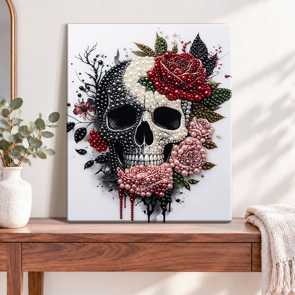 Finished rose pearl skull pearl diamond painting artwork displayed as home decor